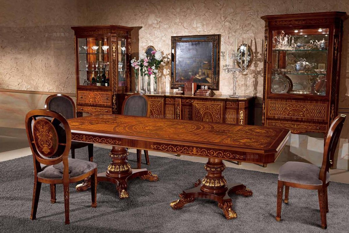 Minotti Luigi&Benigno歐式實木雕花台麵拚花櫻桃色餐廳係列